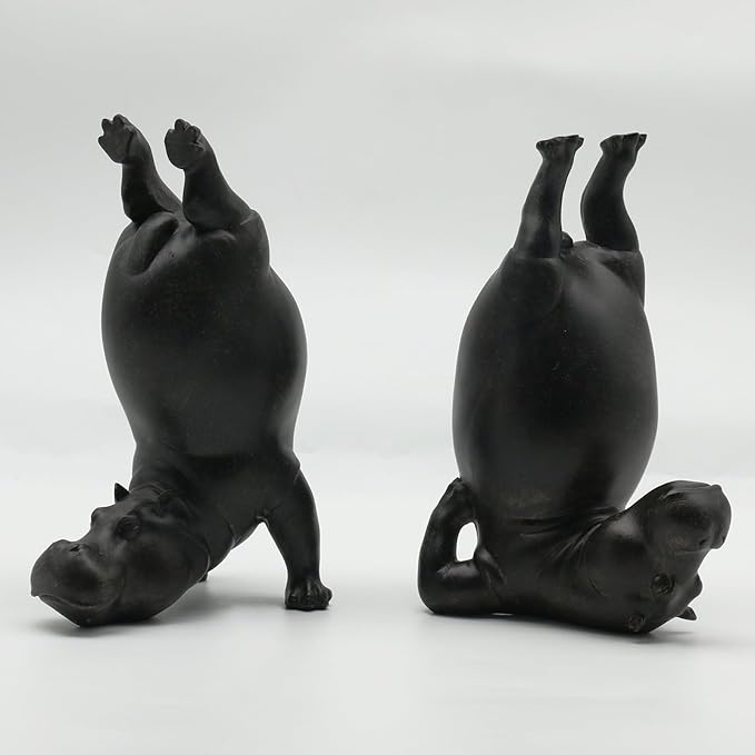 Lukitas Upside Down Hippo Decorative Bookends, Non-Slip Book Holders, Whimsical Animal Ornaments for Office Home Bookshelf Decor, Black, Resin 8.5''