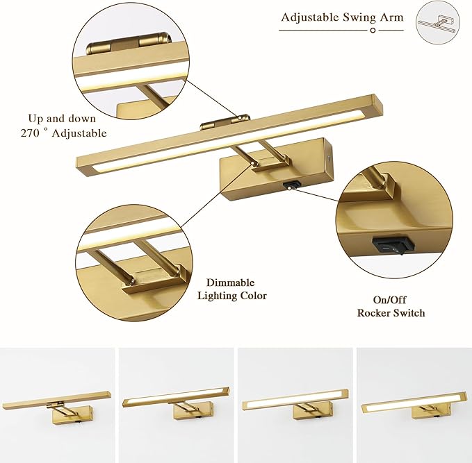 Wireless Picture Light Battery Operated with Remote LED Art Lights for Paintings Rechargeable Dimmable 15.7" Brass Lights Over Pictures on Wall Gold with Swing Arm for Display