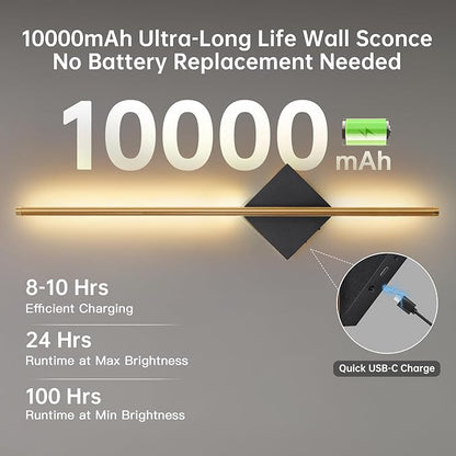 Battery Operated Wall Sconces Set of Two - Wireless Rechargeable Wall Light with Remote - Gold and Black Wall Lamp Dimmable Modern Home Decor for Bedroom Living Room Hallway Timing 31.5 Inch
