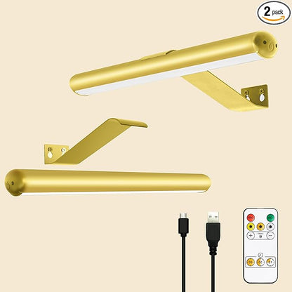 2Pack Wireless Picture Lights Painting Lights with Remote,Gold Rechargeable Battery Picture Lights for Artwork Display Led Accent light Gallery Light Dartboard Light Full Metal Brightness Dimmable