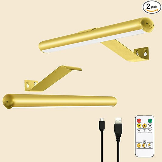 2Pack Wireless Picture Lights Painting Lights with Remote,Gold Rechargeable Battery Picture Lights for Artwork Display Led Accent light Gallery Light Dartboard Light Full Metal Brightness Dimmable