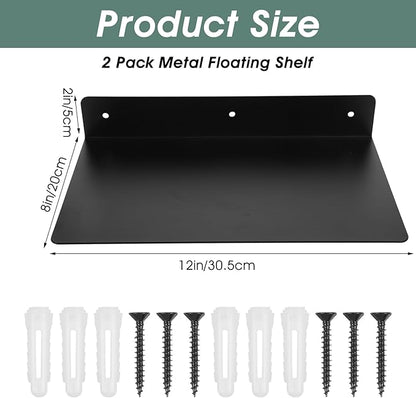 2 Pack Heavy Duty Metal Floating Shelves (12” x 8”) – Industrial Black Wall Mounted Shelves for Modern Home & Office Storage