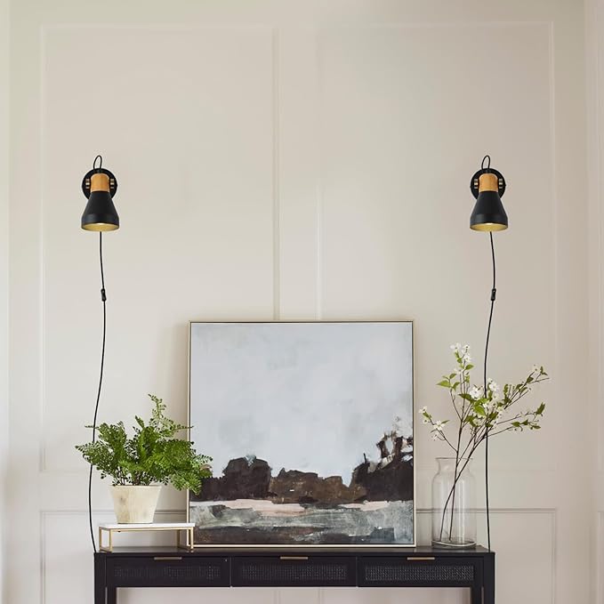 Modern Plug-in Wall Sconces - Adjustable Reading Light with Real Wood Accent, Matte Black Wall Lamp for Bedroom, Living Room, Apartment, Home Office