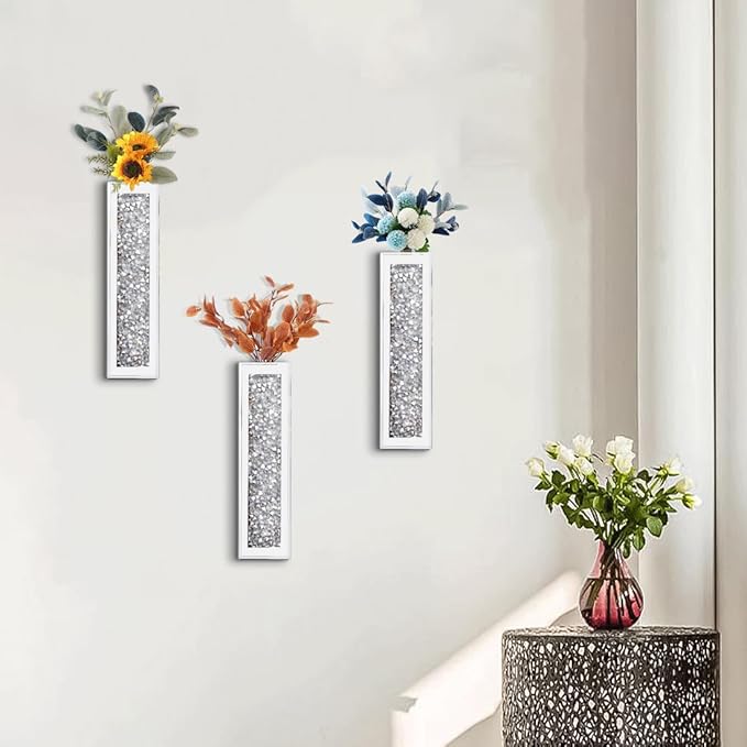 Silver wall Decor Mirrored Vase Set of 3,Crystal Crush Diamond Flower Vase,Stunning Decorative Glass Hanging Planter & Container for Home Wall Decor.Befit for Faux Plants.Can't Hold Water.