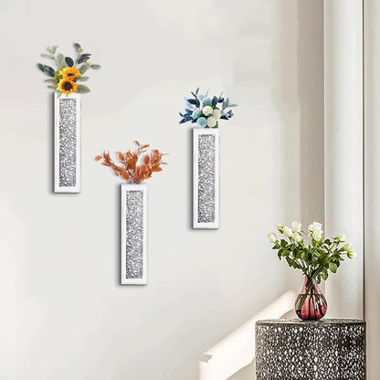 Silver wall Decor Mirrored Vase Set of 3,Crystal Crush Diamond Flower Vase,Stunning Decorative Glass Hanging Planter & Container for Home Wall Decor.Befit for Faux Plants.Can't Hold Water.