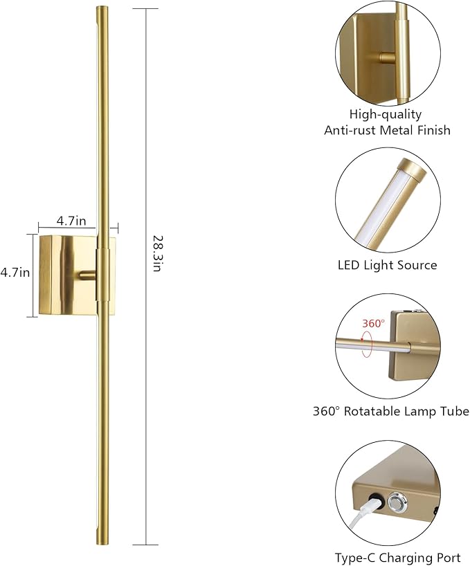2 Pack Wall Sconces Battery Operated, Wall Sconces 3000K-6000K Dimmable Rechargeable Wall Sconce with Remote Control, 350°Rotate LED Wireless Wall Lights for Living Room, Hallway, Bedroom(Gold)