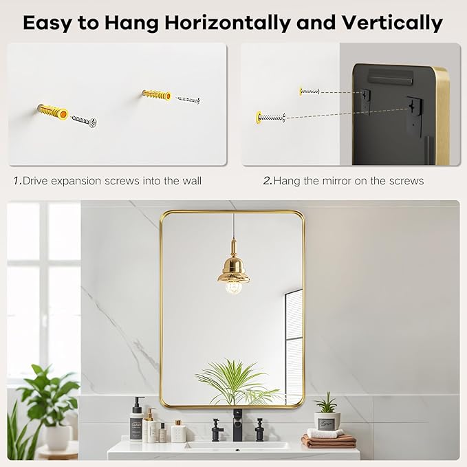Bathroom Mirror - 28x36 Inch Wall Mirrors for Bathroom, Gold Frame Rectangle Vanity Mirror for Restroom, Entryway, Hanging Vertically or Horizontally