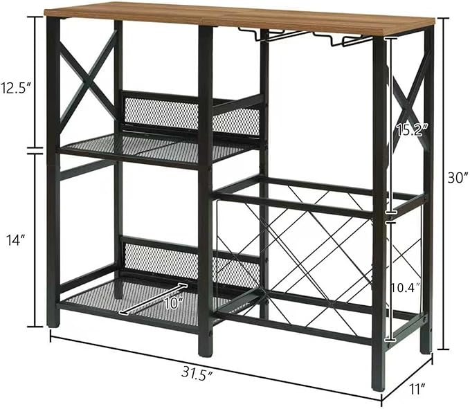 Wine Bar Cabinet, Rustic Freestanding Wine Rack with Glass Holder and Fence, Bar Cabinet with 2 Tier Storage, Liquor Shelf for Home Bar, Rustic Brown