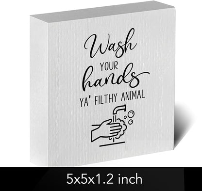 Funny Rustic Bathroom Decor Wooden Box Sign 5x5 Inch - "WASH YOUR HANDS YA' FILTHY ANIMAL" Humorous Restroom Shelf Table Decoration for Home