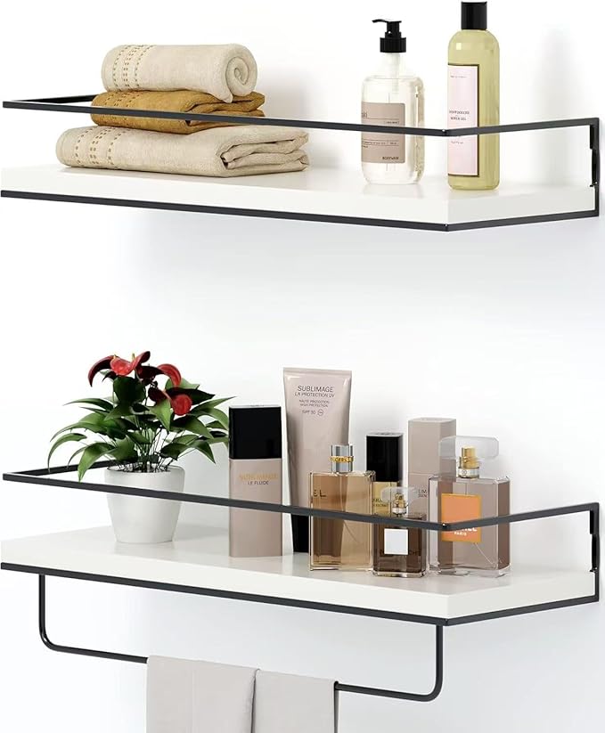 Shario White Floating Shelves - Set of 2, Wall Mounted Hanging Shelves with Black Towel Rack, Decorative Storage Shelves for Bathroom, Kitchen, Living Room & Bedroom (Modern White, 15.7 Inches)