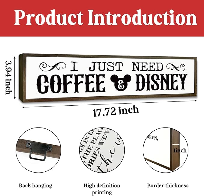 WKYAER Coffee Wood Sign, Decorative Wooden Hanging Sign, Farmhouse Table Shelf Decoration for Home Kitchen, Coffees Bar Decor, Cafe Decor, I Just Need Coffee & Disney Signs