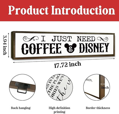 WKYAER Coffee Wood Sign, Decorative Wooden Hanging Sign, Farmhouse Table Shelf Decoration for Home Kitchen, Coffees Bar Decor, Cafe Decor, I Just Need Coffee & Disney Signs