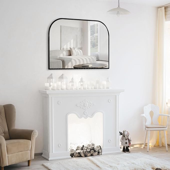 Modern Large Wall Mirror, Modern Mantel Minimalist Home Decor, Brushed Black Metal Framed Arched Mirror for Living Room, Bedroom, Fireplace, Mantle, Entryway, Bathroom, 36