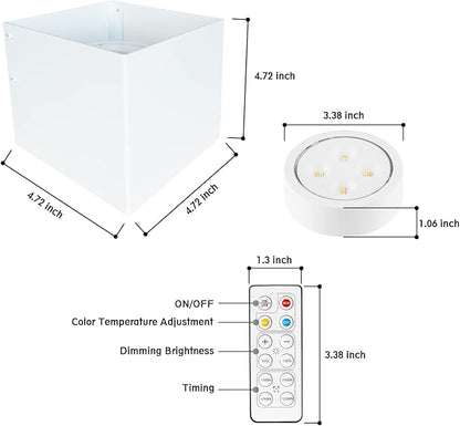 HEQIQEH Modern Cube Battery Operated Wall Sconces, White LED Cube Indoor Up and Down Wall Lamp with Remote Control, Dimmable Cordless Wall Lighting Fixtures for Living Room,Bedside (White - 2 Pack)