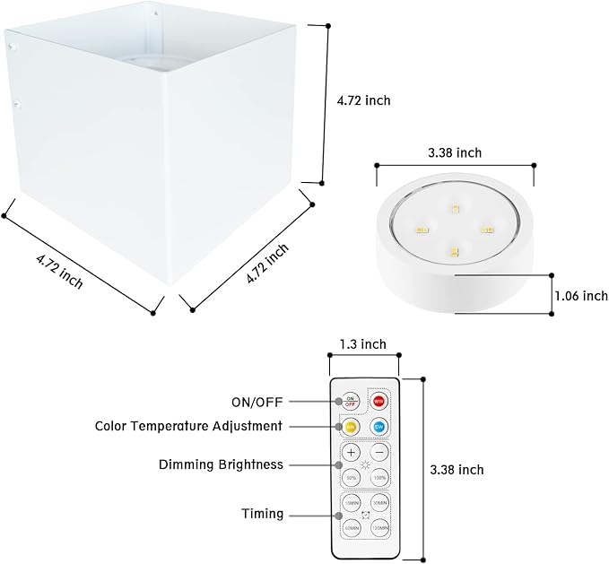 HEQIQEH White Modern Battery Operated Wall Sconces, LED Cube Indoor Up and Down Wall Lamp with Remote Control, Dimmable Cordless Wall Lighting Fixtures for Living Room,Bedside (White - 3 Pack)