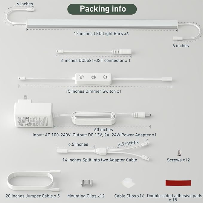 Under Cabinet Lighting Plug in. 6 PCS 12 Inch Likable Low Profile Bright Light Strips. Dimmable 24W LED Kit for Kitchen Cabinets Countertop Workbench Counter Shelf Closets Daylight 5000K