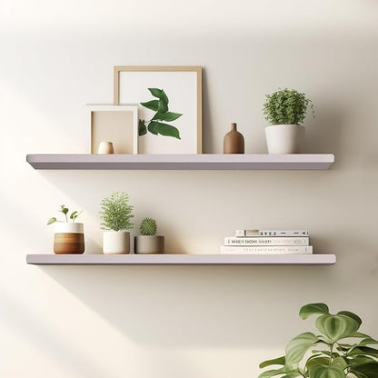 Floating Shelves 24 Inches Long, Set of 2 Solid Rustic Wood Wall Mounted Shelves, Wall Picture Ledge Shelf with Invisible Metal Brackets for Living Room, Bedroom, Bathroom, White