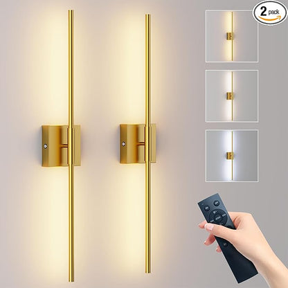 Shineled Wall Sconces Set of 2, 29'' Battery Wall Sconce with Remote Control, 350° Gold Rotatable Dimmable Wall Lamp, Wireless Wall Lights for Bedroom, Living Room