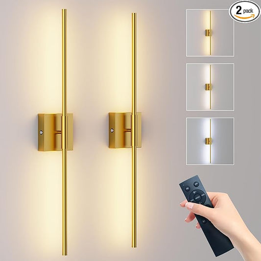 Shineled Wall Sconces Set of 2, 29'' Battery Wall Sconce with Remote Control, 350° Gold Rotatable Dimmable Wall Lamp, Wireless Wall Lights for Bedroom, Living Room