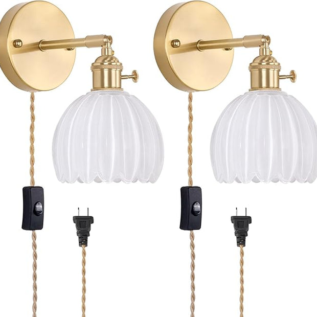 Plug in Wall Sconce, White Tulip Glass Lampshade Wall Light Plugin Corded for Bedside Bedroom Doorway, 2 Pack
