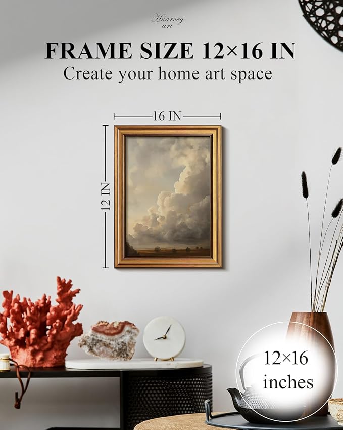 HUARCEY Gold Framed Canvas Wall Art, Cloud Picture Decor, Bedroom Living Room Sky Landscape Nature Decor, Rustic Vintage Neutral Canvas Paintings, 12x16inch
