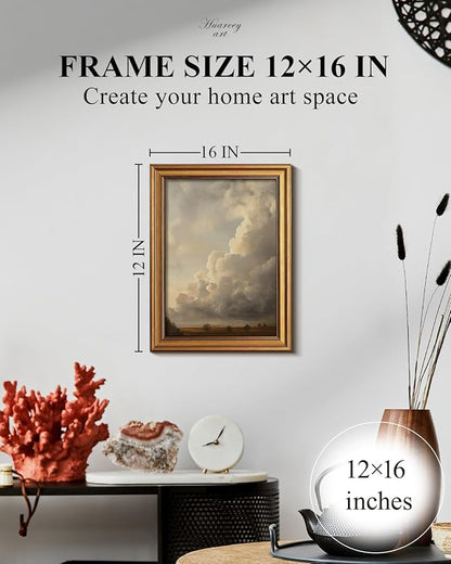 HUARCEY Gold Framed Canvas Wall Art, Cloud Picture Decor, Bedroom Living Room Sky Landscape Nature Decor, Rustic Vintage Neutral Canvas Paintings, 12x16inch