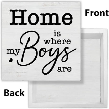 New Mom Gifts Rustic Family Decor Home Is Where My Boys Are Wooden Sign Family Decorations for Home Living Room Bedroom Desk Shelf Table 5 x 5 Inches