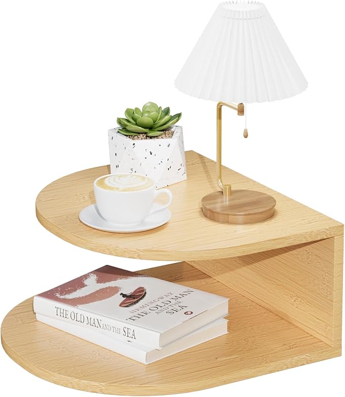 Bamboo Floating Nightstand with Storage Drawer and Modern Open Shelf Cubby，Bedroom, Living Room, Kitchen, Tool Room for use. (Natural, Trumpet)