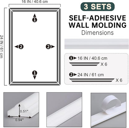 Melkus Peel and Stick Wall Molding Kit, 3 Sets 16"x24" Precut Wainscoting Panels, Self Adhesive Molding Trims for Interior Wall Décor