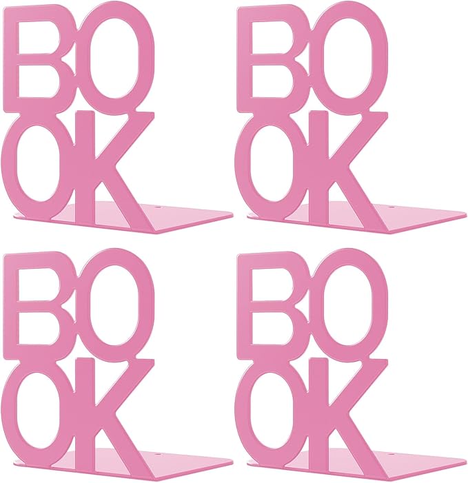 Book Ends - Decorative Metal Book Ends Supports for Bookrack Desk,Books, Unique Appearance Design,Heavy Duty (Pink, 2 Pair)