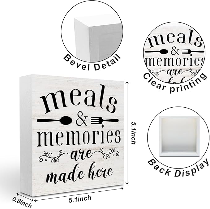 Meals and Memories Are Made Here Wood Box Sign Desk Decor for Kitchen Counter Farmhouse Shelf Cubicle, Funny Kitchen Wooden Box Decorative Signs 5.1x5.1 Inch