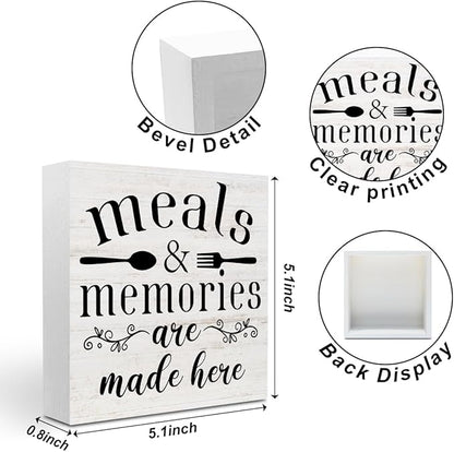 Meals and Memories Are Made Here Wood Box Sign Desk Decor for Kitchen Counter Farmhouse Shelf Cubicle, Funny Kitchen Wooden Box Decorative Signs 5.1x5.1 Inch