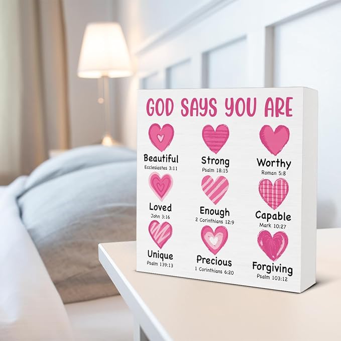 Valentines Day Decor - Valentines Decor - Christian Desk Sign - God Says You Are Loved Bible Verse Wood Sign Home Living Room Bedroom Desk Shelf Table Tabletop Decorations 5×5 Inches