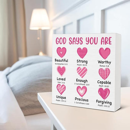 Valentines Day Decor - Valentines Decor - Christian Desk Sign - God Says You Are Loved Bible Verse Wood Sign Home Living Room Bedroom Desk Shelf Table Tabletop Decorations 5×5 Inches