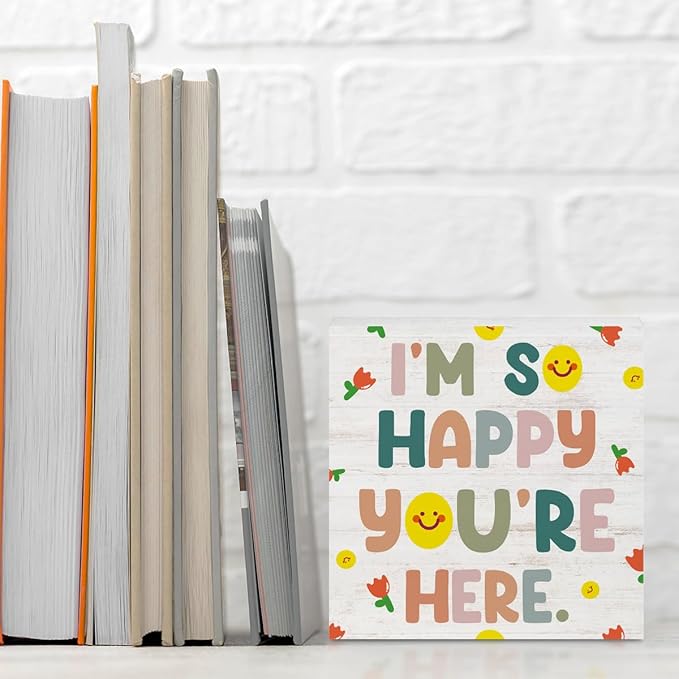 Classroom Decor Wooden Box Sign, inspirational Wood Box Sign, Inspirational Gifts Desk Decor Signs For Classroom, I Am So Happy You’re Here Boho Positive Decorative Signs