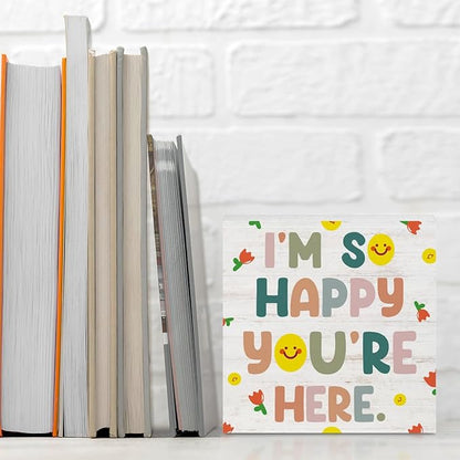 Classroom Decor Wooden Box Sign, inspirational Wood Box Sign, Inspirational Gifts Desk Decor Signs For Classroom, I Am So Happy You’re Here Boho Positive Decorative Signs