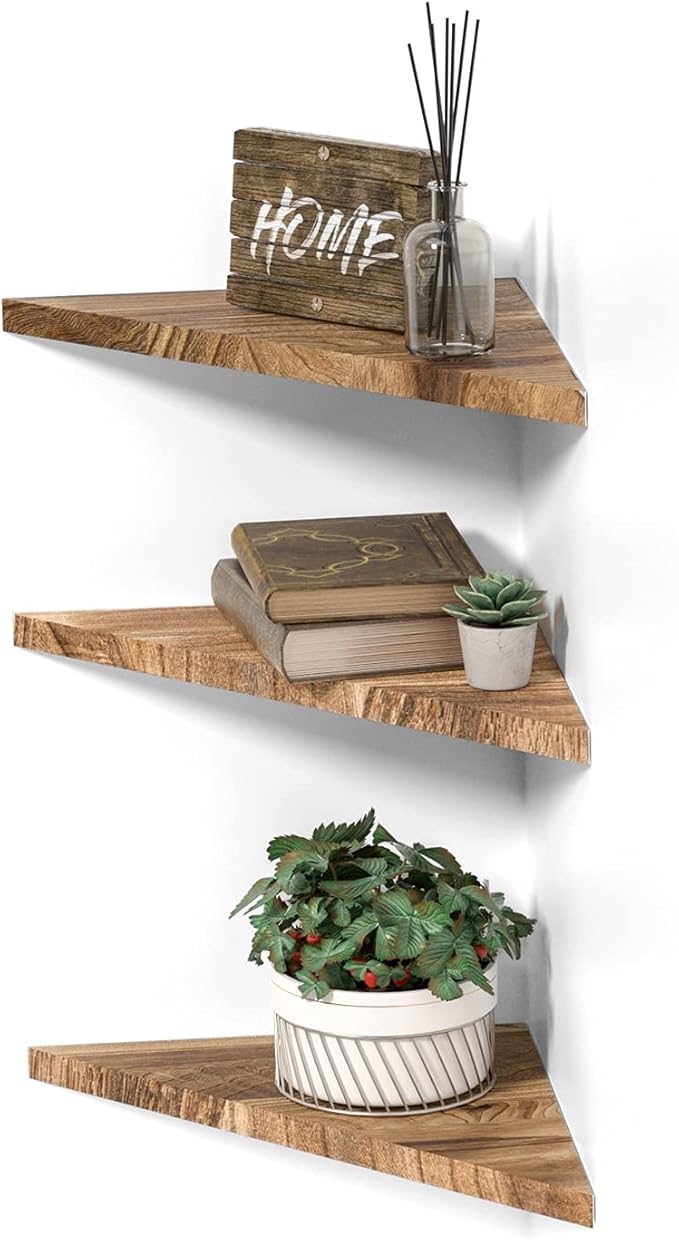 Wall Mounted Rustic Wood Straight Edge Corner Shelf Storage Rack, Bookcase, Floating Shelves Home Decor for Bedroom, Living Room, Office and Kitchen, Set of 3 (Straight Edge)