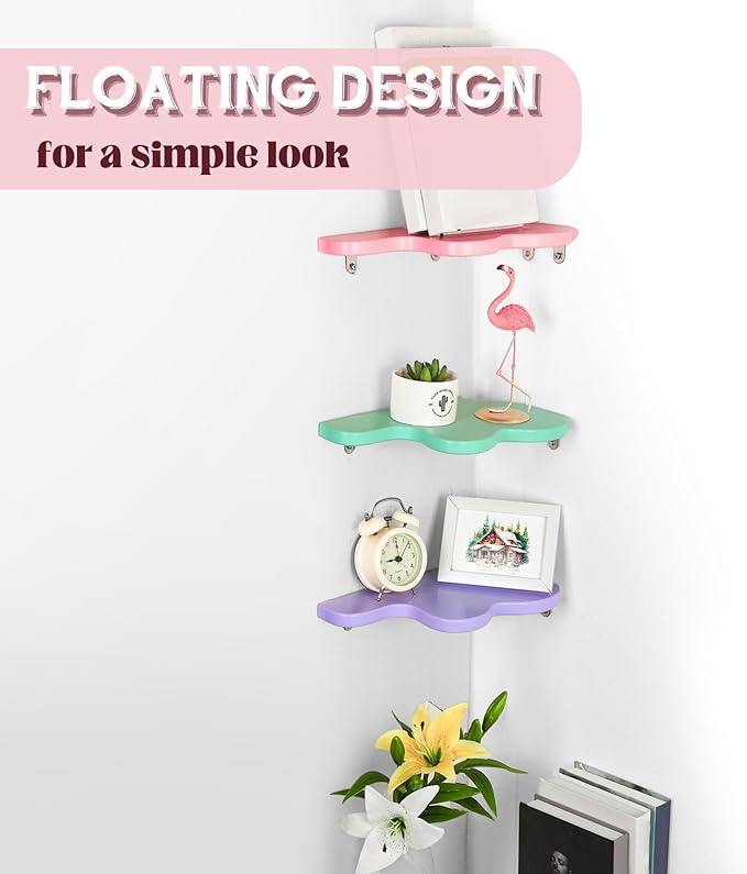 Menkxi Cute Wavy Corner Shelf Wall Mount, Set of 3 Wood Floating Cloud Corner Wall Shelves with Cord Hole Wall Danish Pastel for Bedroom Living Room Bathroom Kitchen