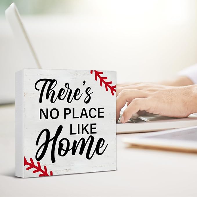 Baseball Decor There's No Place Like Home Wooden Sign Decorations Home Living Room Desk Table Shelf Decor 5×5 Inches, Gifts for Baseball Lover