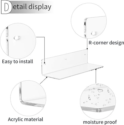 12 Inches Clear Wall Shelves, Moisture-Proof, Acrylic Bathroom Wall Shelves, Clear Floating Shelves for Bathroom, Bedroom, Living Room, Retail, 2 Pack