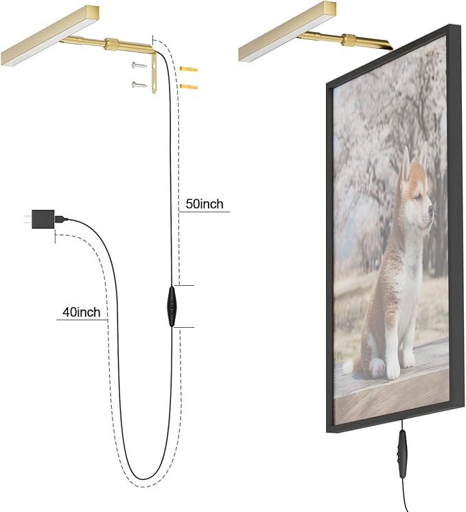 4W Plug in Picture Light for Paintings with Remote Control, 12" LED Art Display Lighting for Gallery, Dartboard, Artwork, Gold Wall Mounted Picture Frame Light
