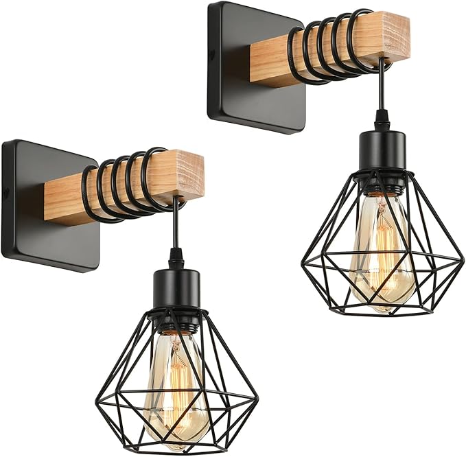 Rustic Wall Sconces Fixtures with Plug in Cord, Set of Two Indoor Vintage Rattan Wall Light Industrial Lamp Fixture Farmhouse Metal Sconces Light for Bedroom Bedside Living Room