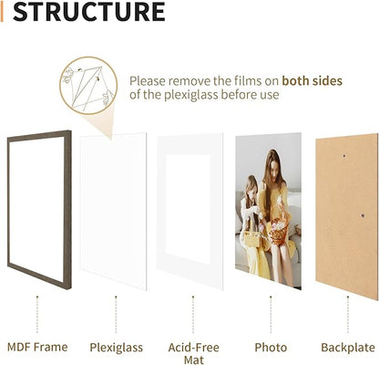 ATOBART 12x16 Picture Frame Set of 4, Displays 8x10 with Mat or 12x16 Without Mat, Photo Frames for Wall Hanging or Tabletop, Includes HD Plexiglass, Brown