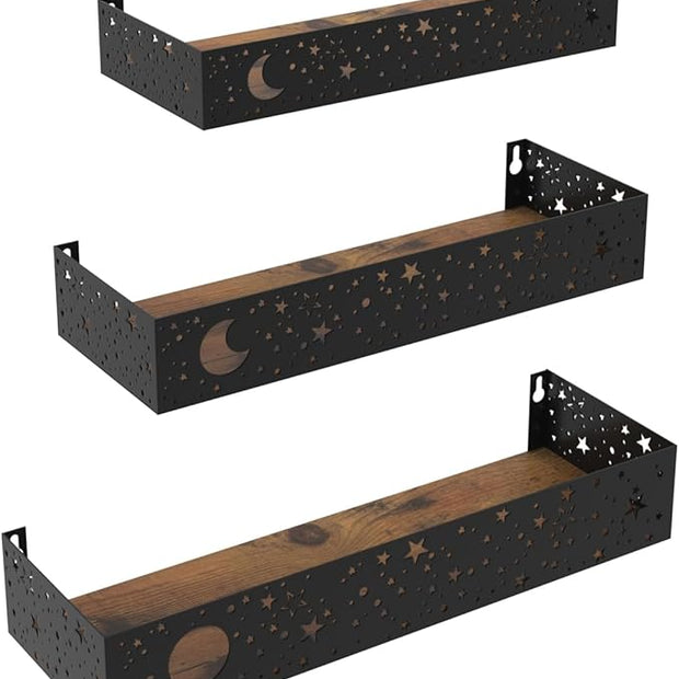 Moon and Stars Wall Shelves Black, Set of 3 Small Floating Shelves for Bedroom Living Room Wall Storage or Decor, Brown Board