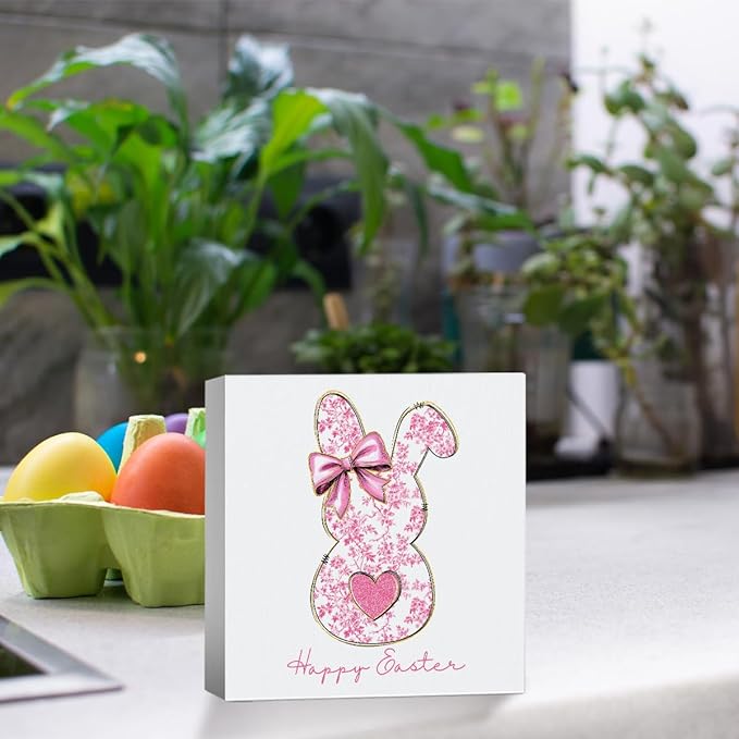 Pink Happy Easter Sign Easter Table Decor Bow Bunny Decor Blue And White Chinoiserie Decor Wooden Box Sign for Home Office Bedroom Living Room Desk Shelves