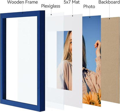 Vittanly 8x10 Picture Frames Set of 4, Display Pictures 5x7 with Mat or 8x10 without Mat, Gallery Wall Frame Set for Wall or Tabletop, Engineered Wood with Shatter Resistant Plexiglass, Royal Blue