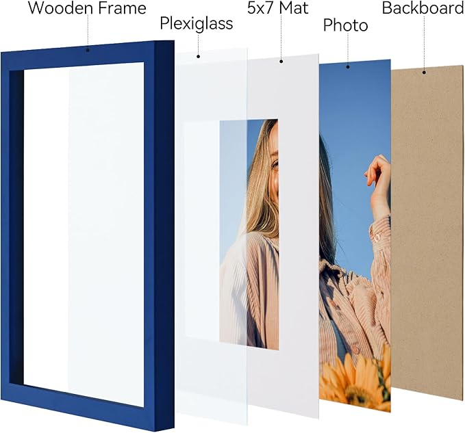 Vittanly 8x10 Picture Frames Set of 4, Display Pictures 5x7 with Mat or 8x10 without Mat, Gallery Wall Frame Set for Wall or Tabletop, Engineered Wood with Shatter Resistant Plexiglass, Royal Blue