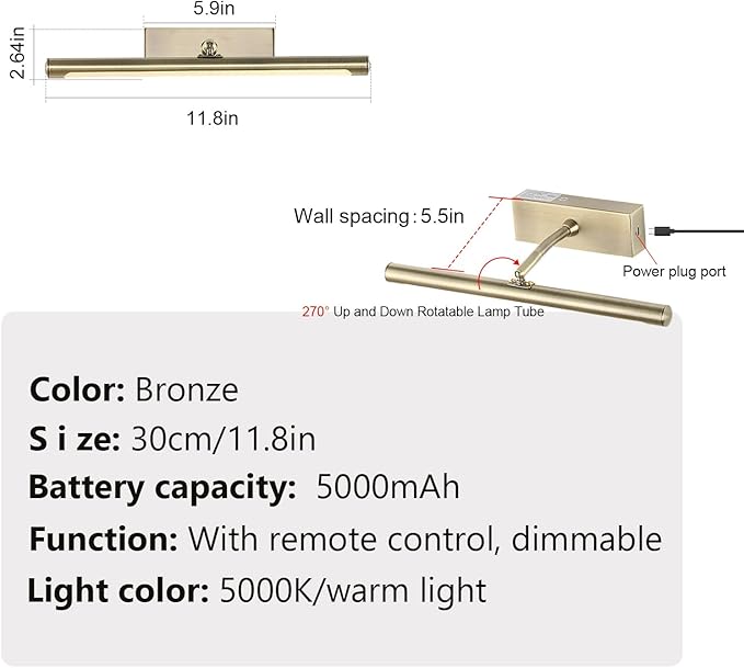 Picture Light for Wall Battery Operated, 12" Rechargeable Art Light with Remote and Timer for Painting, 3 Color Temps, Wireless Wall Light for Display, Artwork, Portrait, Gallery, Bronze