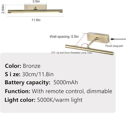 Picture Light for Wall Battery Operated, 12" Rechargeable Art Light with Remote and Timer for Painting, 3 Color Temps, Wireless Wall Light for Display, Artwork, Portrait, Gallery, Gold
