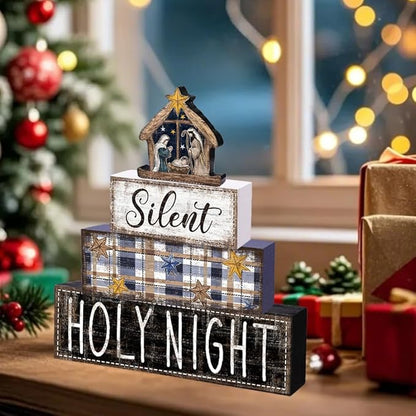 DIYDEC 4Pcs Christmas Table Decoration Christmas Jesus Wooden Block Sign Xmas Tiered Tray Decor Winter Centerpiece Decorative Sign for Holiday Tabletop Coffee Fireplace Shelf Desk Party Decor